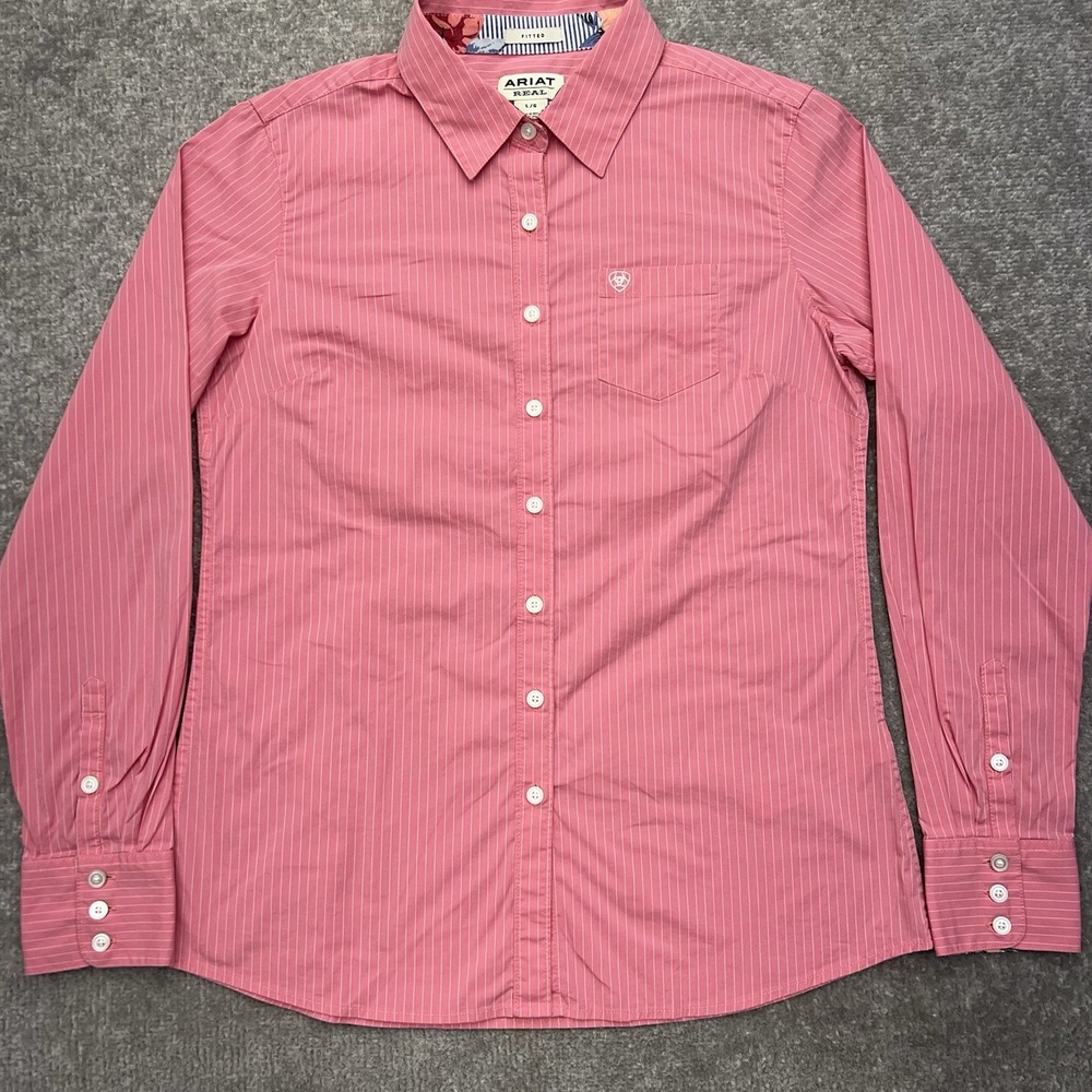 Ariat Long Sleeve Button Up Shirt Womens Large Flip Cuffs Fitted Pink Pinstriped - Picture 2 of 14